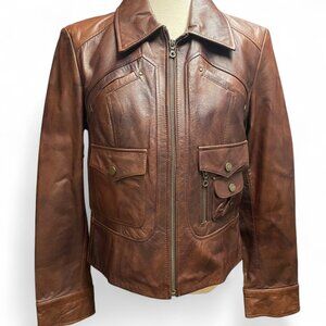 a.n.a women's brown genuine leather moto zip up jacket medium
